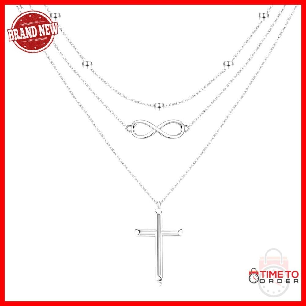 Sterling Silver Infinity Cross Layered Necklace Adjustable 16-22 Inches